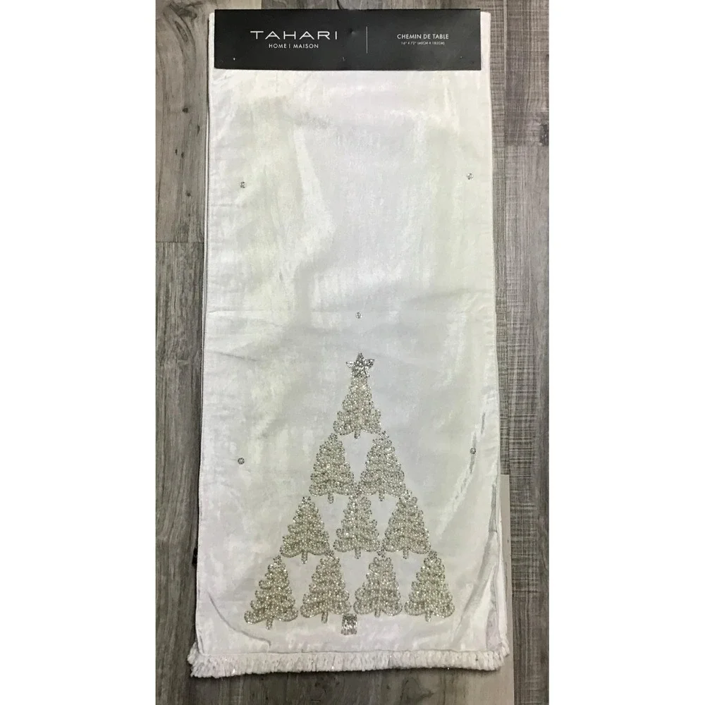 Tahari Home White Velvet Beaded Christmas Tree Table Runner 16x72 Holiday Decor